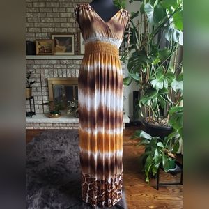 NWOT Long Maxi Coverup Brown Beach White Animal Print Summer Dress Size M